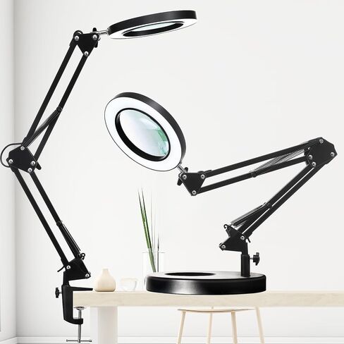 10X Magnifying Glass with Light, KUVRS 1,800 Lumen 3 Color Stepless Dimming, 4.2 Inch Real Glass Lens LED Lighted Magnifier, Adjustable Swing Arm with Clamp Desk Lamp for Craft Repair Crochet Puzzles in Saudi Arabia