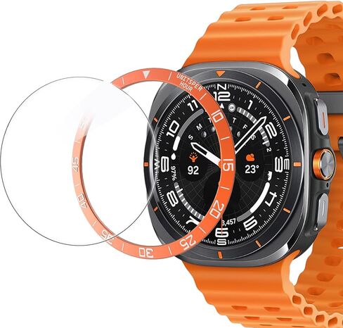 Compatible for Galaxy Watch Ultra 47mm Bezel Ring, Stainless Steel Bezel Ring + Tempred Glass Screen Protector Adhesive Cover Anti Scratch & Collision Protector Galaxy Watch Ultra 47mm (Orange) in Kuwait