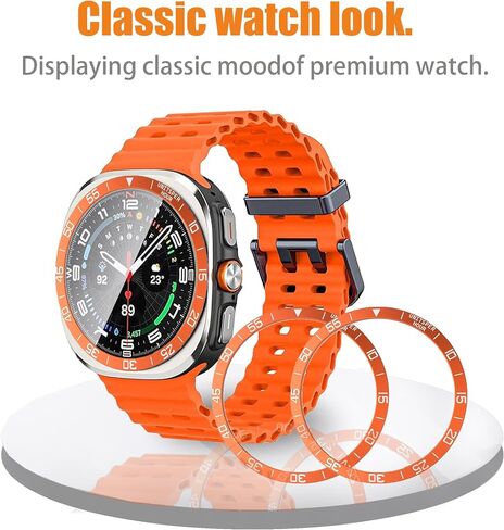 Compatible for Galaxy Watch Ultra 47mm Bezel Ring, Stainless Steel Bezel Ring + Tempred Glass Screen Protector Adhesive Cover Anti Scratch & Collision Protector Galaxy Watch Ultra 47mm (Orange) in Kuwait