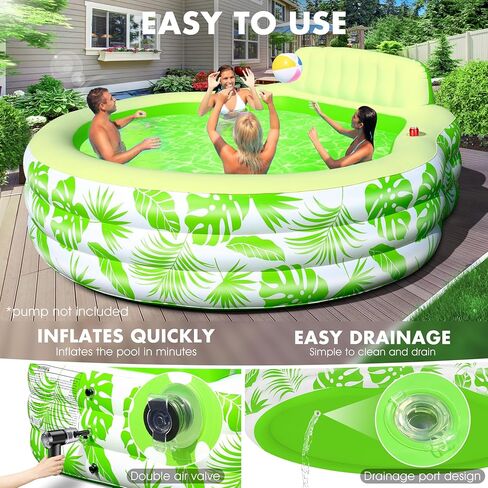 Inflatable Pool with Pool Lights, Oversized Thickened Blow Up Pool with Seat, Family Inflatable Pool for Audlts, 90"x90"x24" Large Inflatable Kids Pools for Backyard, Kiddie Pool Outdoor in Saudi Arabia
