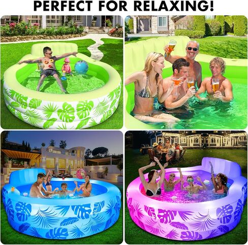 Inflatable Pool with Pool Lights, Oversized Thickened Blow Up Pool with Seat, Family Inflatable Pool for Audlts, 90"x90"x24" Large Inflatable Kids Pools for Backyard, Kiddie Pool Outdoor in Saudi Arabia