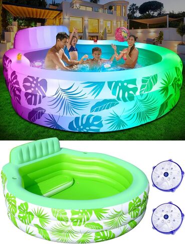 Inflatable Pool with Pool Lights, Oversized Thickened Blow Up Pool with Seat, Family Inflatable Pool for Audlts, 90"x90"x24" Large Inflatable Kids Pools for Backyard, Kiddie Pool Outdoor in Saudi Arabia