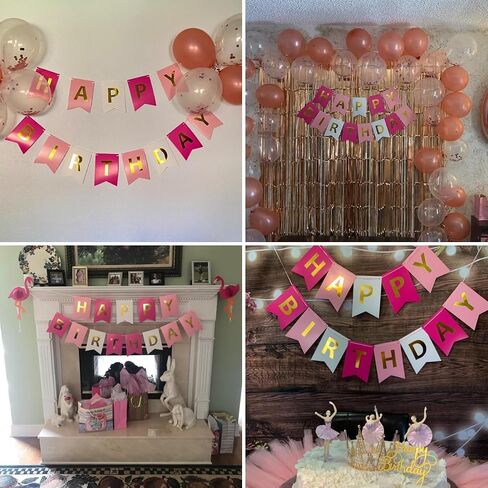 Happy Birthday Banner With Shiny Gold Letters, Swallowtail Design Hanging Signs Party Decorations (Tri-Color Blue) in Kuwait