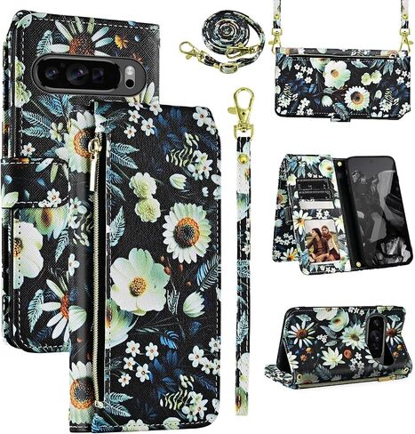 Wallet Case for Google Pixel 9/9 Pro 5G with Detachable Wrist Strap Shoulder Strap, 9+ Card Slots Zipper Floral Leather Stand Card Holder Cell Phone Cover for Pixel9 9Pro Nine Women Men Black in Saudi Arabia