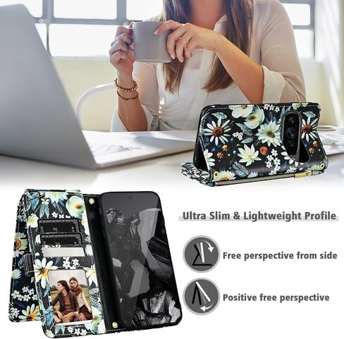 Wallet Case for Google Pixel 9/9 Pro 5G with Detachable Wrist Strap Shoulder Strap, 9+ Card Slots Zipper Floral Leather Stand Card Holder Cell Phone Cover for Pixel9 9Pro Nine Women Men Black in Saudi Arabia
