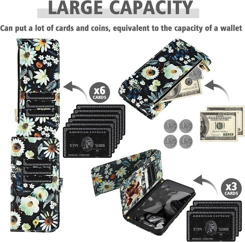 Wallet Case for Google Pixel 9/9 Pro 5G with Detachable Wrist Strap Shoulder Strap, 9+ Card Slots Zipper Floral Leather Stand Card Holder Cell Phone Cover for Pixel9 9Pro Nine Women Men Black in Saudi Arabia