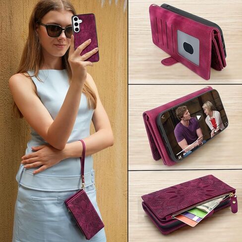 Harryshell Compatible with Samsung Galaxy S25 Wallet Case Detachable Phone Cover with Zipper Cash Coin Pocket Multi Card Slots Holder Wrist Strap Lanyard 6.2 inch (Floral Teal) in Kuwait