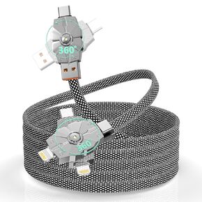 4-in-1 360° Rotating USB A/Type C to USB C/Lightning Charger Cable 100W,180° Degree Braided Sync Data Cable Fast Charge for Apple iPhone 16/15/14/13,MacBook,iPad,Pixel,Samsung,Android,Tablets-5FT