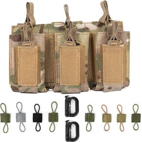 Triple Molle Mag Pouch Open-Top Rifle and Pistol Magazine Pouches for M4 M16 AK with 2 D-Ring Grimlock Clips and 8 Tactical Binding Retainers – Molle Backpack Airsoft Military Gear