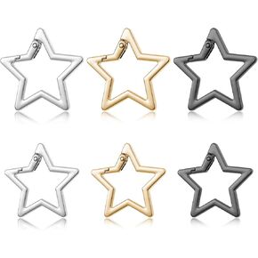 6 Pcs Star Shaped Stainless Steel Keychain Clip, 3 Colors Heavy Duty Star Shaped Keychain Clip, Star Carabiner Hook Clip, Carabiner Snap Hook Holder for Keys and Wallet Accessory with Key Chain Rings