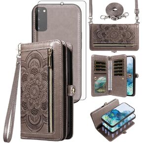 Asuwish Phone Case for Samsung Galaxy S20 5G 6.2 inch Zipper Wallet Detachable Cell Cover with Tempered Glass Screen Protector Crossbody Strap Flower Card Holder S 20 20S UW S2O G5 Women Men Rose Gold