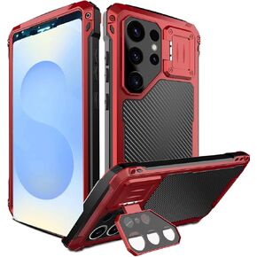 NINKI for Samsung Galaxy S25 Ultra Case with Kickstand & Camera Cover and Screen Protector,6ft Drop Tested Heavy Duty Full Body Dustproof Protective Metal Phone Cover for Samsung S25 Ultra Case Red