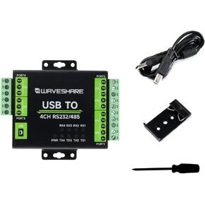waveshare Industrial Isolated USB to RS232/485 Converter, Original FT4232HL Chip, Supports USB to 2-Ch RS232 + 2-Ch RS232/485, Wall-Mount & Rail-Mount Support
