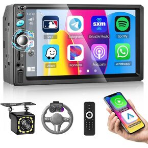 ستيريو راديو سيارة مزدوج DIN مزدوج 7 بوصة مع CarPlay و Android Auto ، Bluetooth 5.1 ، رابط مرآة الهاتف ، شاشة تعمل باللمس HD ، كاميرا احتياطية ، راديو FM SWC USB/TF/AUX أضواء زر التحكم عن بُعد التحكم