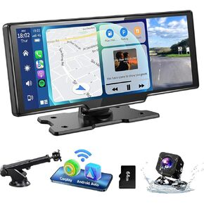 شاشة Carplay اللاسلكية للسيارة ، 10.26 "HD Touch Screen متوافقة مع Carplay و Android Auto ، 4K Dash Cam & 1080p الكاميرا الخلفية وبطاقة SD 64 جيجابايت ، ملاحة للسيارات ، التحكم الصوتي ، AUX لجميع المركبات