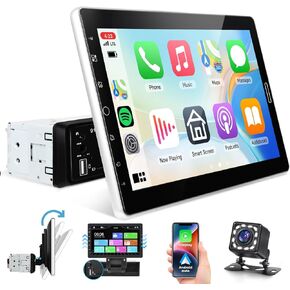10.1 inch Single Din Car Stereo CarPlay Android Auto Mirror Link, Rimoody Detachable Touch Screen Car Radio with BT 5.0 FM/EQ USB/AUX/TF/SWC/MIC Car Audio Receiver Backup Camera