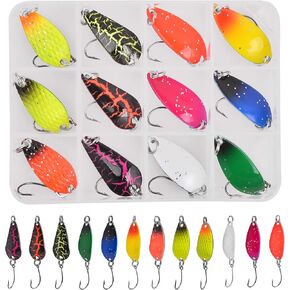 Trout Spoons Fishing Lure Kits-12pcs Mini Fishing Spoon Lures Single Hook Hard Metal Spinner Baits Jigging Trolling Casting Fishing Spoon Lures for Trout Bass Crappie Char Walleye Perch
