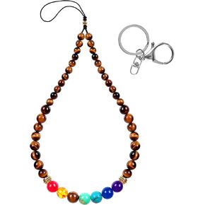Evil Eye Phone Charm Lanyard Chakra Beaded Wrist Strap Keychain for Women (Brown TigerEye)