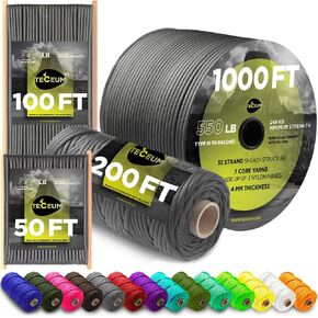 TECEUM Paracord Type III 550 Dark Grey – 50 ft – 4mm – Tactical Rope MIL-SPEC – Outdoor para Cord –Camping Hiking Fishing Gear and Equipment – EDC Parachute Cord – Strong Survival Rope