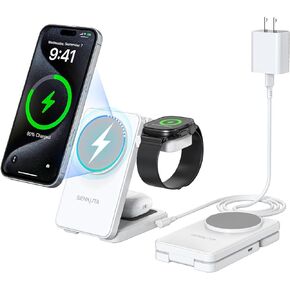 Wireless Charger Charging Station for Apple: 3 in 1 Wireless Charger Multiple Devices for iPhone 16/15/14/13/12 - Fast Travel Charger Stand for Apple iWatch Ultra 5/4/3 AirPods Pro 4/3/2(18W Adapter)