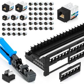 Bundle – 4 Items: 48 Port Keystone Patch Panel (1-Pack) + 90° Angled Speed Termination Tool (easyJACK) + Replacement Head + 90° Angled RJ45 Cat6 Keystone Jacks in Black (50 Pack)