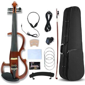 4 String/5 String Silent Electric Violin 4/4 Full Size Solid Wood Practice Violin with Ebony Fittings & Violin Case& Violin Bow (4 String Black Small Jack)