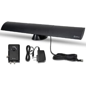 ANTOP Digital TV Antenna Amplified Indoor HD Antenna Support 4K 8K 1080p VHF UHF Long Range Local Channels Smart TV, Amplifier Signal Booster with 2-Way Outputs for 2 TVs, AT-500SBS