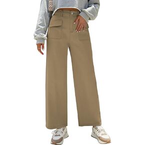 Dokotoo Women 6 Pockets High Waisted Cargo Pants Wide Leg Casual Pants Combat Military Trouser US 4-18