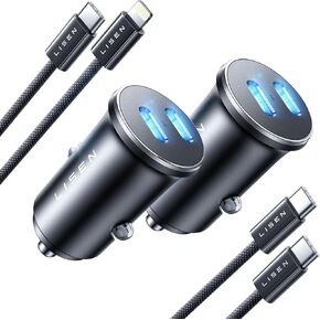 LISEN 2 Pack USB C Car Charger with Lightning Cable & USB C Cable
