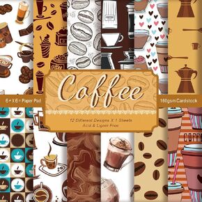 6"× 6" Scrapbook Paper Pad, 24 Sheets Coffee Latte Retro Pattern Bag Scrapbooking Decoupage Supply Cardstock for Planners Journals Background Borders Making Greeting Cards Creating Tag (22026)