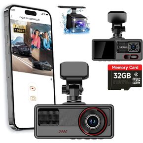 Dash Cam Front and Rear Inside, 3 Channel Dash Camera for Cars, 1080P Dashcam, Triple Car Camera, Wireless Dash Cam, 170°Wide Angle, WDR, Loop Recording, G-Sensor, WiFi & APP Control, Free 32GB Card
