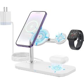 Wireless Charger，3 in 1 Wireless Charging Station，15W Fast Wireless Charger Stand for iPhone 14/13/12 MagSafe Series, and Compatible with Apple Watch Ultra/Series 8-1/SE, AirPods Series