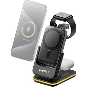 Superv 7in1 Foldable Wireless Charging Station, Power Bank Compatible with Samsung and Apple, Adjustable Foldable Wireless Charger with Night Light White
