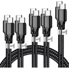 USB C to USB C Charger Cable, 5 Pack [3/3/6/6/10ft] Type C Fast Charging Cord High Data & Transfer Wire Compatible for iPhone 16/15/Pro/Plus/Pro Max iPad Pro Air ps5 Controller Samsung Galaxy(Black)