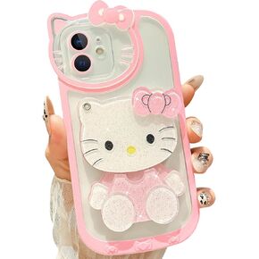 Cute Cartoon for iPhone 11 Case, 3D Bow Kawaii Glitter Cartoon Cat Case with Face Makeup Mirror for Girls Women Soft Silicone Clear Protective Phone Cover for iPhone 11 6.1", Pink