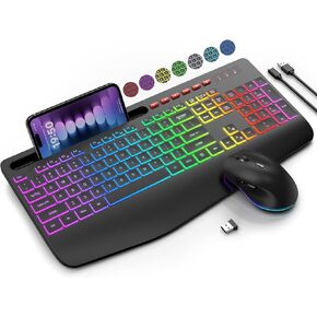 SABLUTE Wireless Keyboard and Mouse Combo, 9 Backlit Effects, Wrist Rest, Phone Holder, 2.4G Lag-Free Ergonomic Keyboards, Rechargeable Silent Cordless Set for Computer, Laptop, PC, Mac, Windows