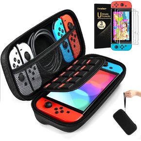 Ivoler Carrying Case for Nintendo Switch with 3 Pack Screen Protector, Portable Hard Shell Pouch Carrying Travel Game Bag for Switch Accessories Holds 10 Game Cartridge (Black)