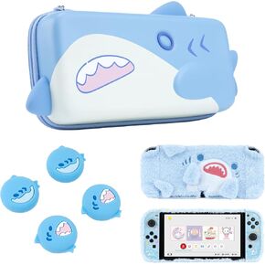 Geekshare Shark Series Switch Case ، Switch OLED Plush Case Bundle Thumb Grip Caps متوافقة مع Nintendo Switch OLED