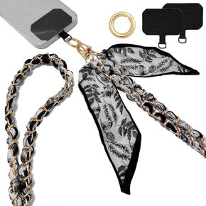 Phone Lanyard Stylish Metal Silk Scarf Phone Charms Crossbody Phone Strap Crossbody Phone Lanyard for Purses Charms (Black Flowers)