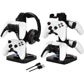 RGB Gaming Headphone Stand, Controller Holder & Headset Holder for Desk, Headphone and Controller Stand with 3 USB Ports, Suitable for PC Earphone Accessories, Gift for Men Boyfriend