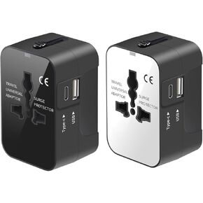 حزمة سفر 2 حزمة ، في جميع أنحاء العالم كلها في محول محول Universal Travel AC Power Plug Adapter Charger مع USB-C و USB-A شحن الموانئ للولايات المتحدة الأمريكية في المملكة المتحدة AUS Black & White