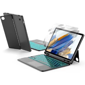 JUQITECH Samsung Galaxy Tab A8 Trackpad Backlit Keyboard Case and 2 Pack Screen Protector, A8 10.5" 2022 Smart Tablet Protector Case Soft Cover Kickstand with Magnetic Detachable Wireless Keyboard