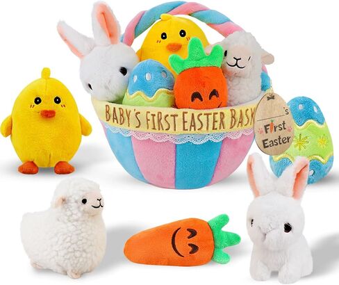 Baby's First Easter Theme Basket Playset, 5ct Stuffed Plush Bunny Chick Carrot Egg for Baby Girls Boys, Party Decorations Favors Stuffers Gifts, Supplies in Saudi Arabia