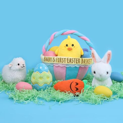 Baby's First Easter Theme Basket Playset, 5ct Stuffed Plush Bunny Chick Carrot Egg for Baby Girls Boys, Party Decorations Favors Stuffers Gifts, Supplies in Saudi Arabia