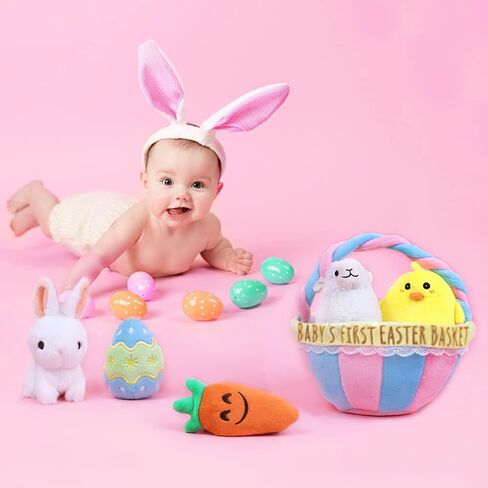 Baby's First Easter Theme Basket Playset, 5ct Stuffed Plush Bunny Chick Carrot Egg for Baby Girls Boys, Party Decorations Favors Stuffers Gifts, Supplies in Saudi Arabia