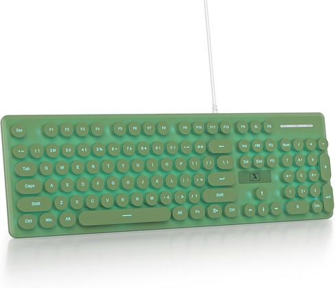 Fogruaden Wired Retro Typewriter Keyboard, Quiet Full Size Membrane Keyboard Light Up, Dark Green Cute Computer Keyboards, 104 Round Keys, Blue LED Backlit, Slim, Silent for Windows PC, Laptop in Kuwait