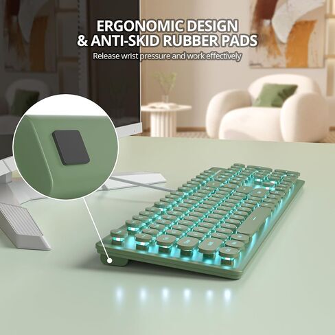 Fogruaden Wired Retro Typewriter Keyboard, Quiet Full Size Membrane Keyboard Light Up, Dark Green Cute Computer Keyboards, 104 Round Keys, Blue LED Backlit, Slim, Silent for Windows PC, Laptop in Kuwait