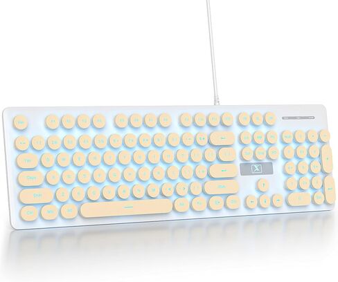 Fogruaden Wired Retro Typewriter Keyboard, Quiet Full Size Membrane Keyboard Light Up, Dark Green Cute Computer Keyboards, 104 Round Keys, Blue LED Backlit, Slim, Silent for Windows PC, Laptop in Kuwait