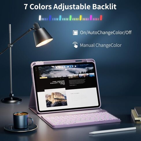 kenke Case with Keyboard for iPad Air 11 inch 7th (M3/M2) 2025/2024 & Air 5th/4th Generation 10.9 Inch with Right Pencil Holder, 7-Color Backlit Wireless Detachable Folio Keyboard Cover, Purple in Kuwait