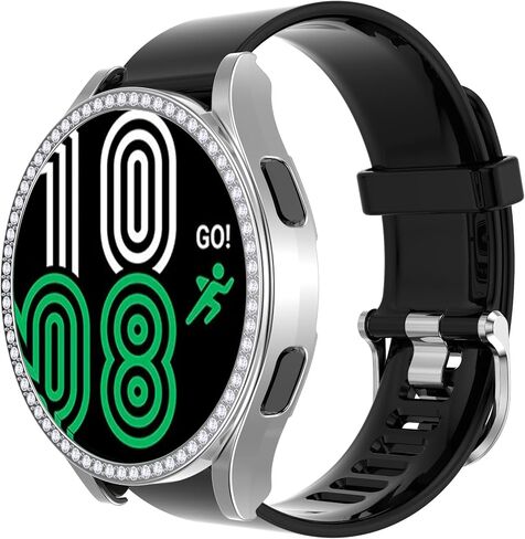 Compatible with Samsung Galaxy Watch 4 40mm 44mm 2021 Diamond PC Plating Bumper Case Bling Crystal Shiny Glitter Frame Hard Protective Shell Cover for Galaxy Watch 4 2021 (44mm, Black) in Kuwait